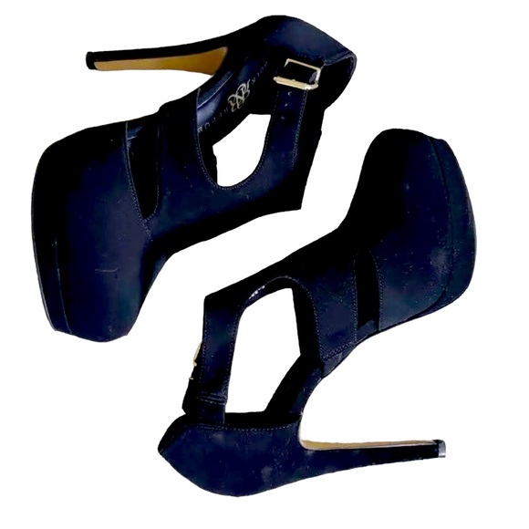 π« Rock & Republic Ashby Stiletto Caged Style Platforms in Faux Black Suede 10M - Picture 2 of 12